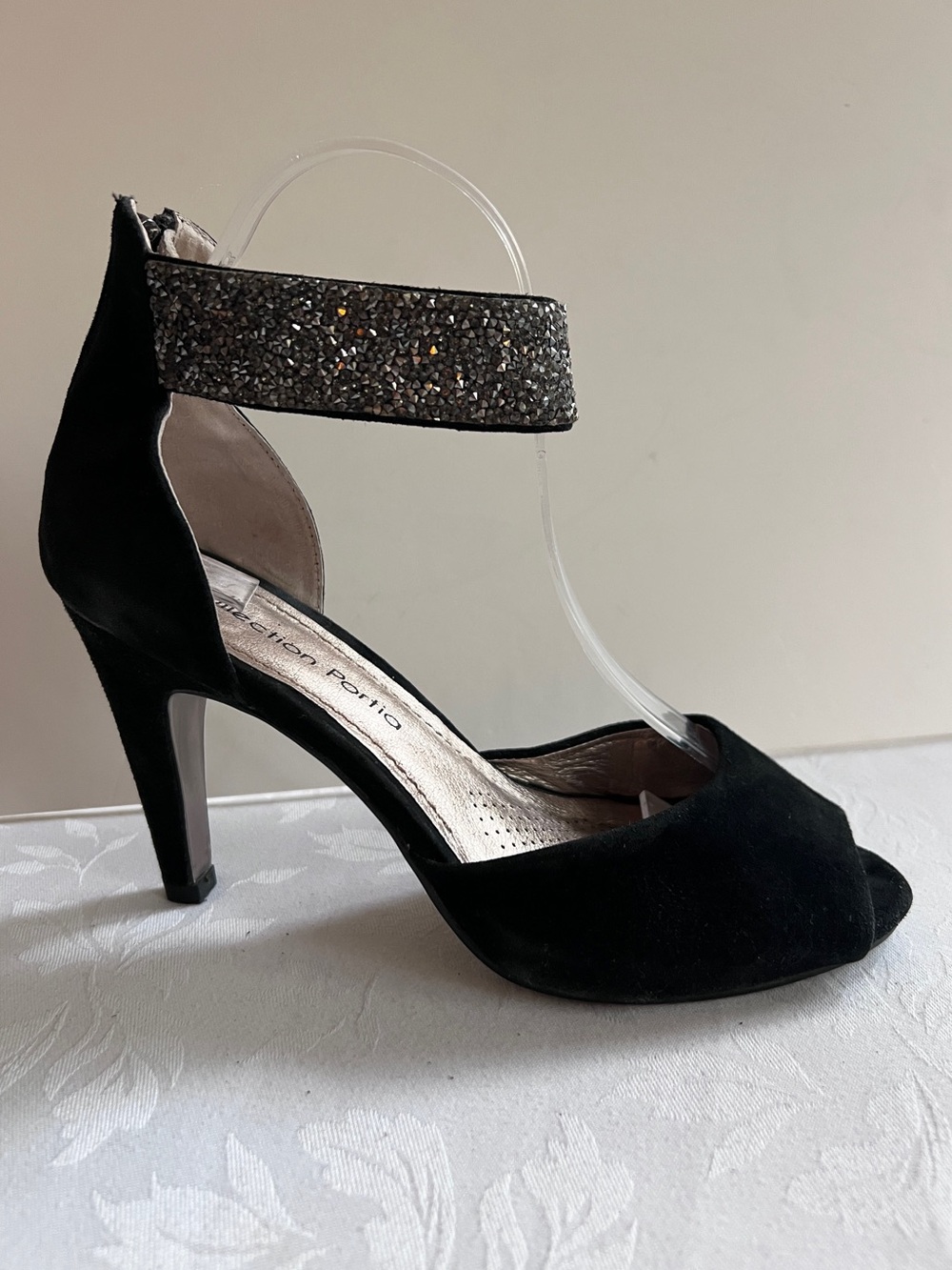Collection Portia Black Suede Peep Toe Stiletto Ankle Strap Evening Shoes Sz 8
